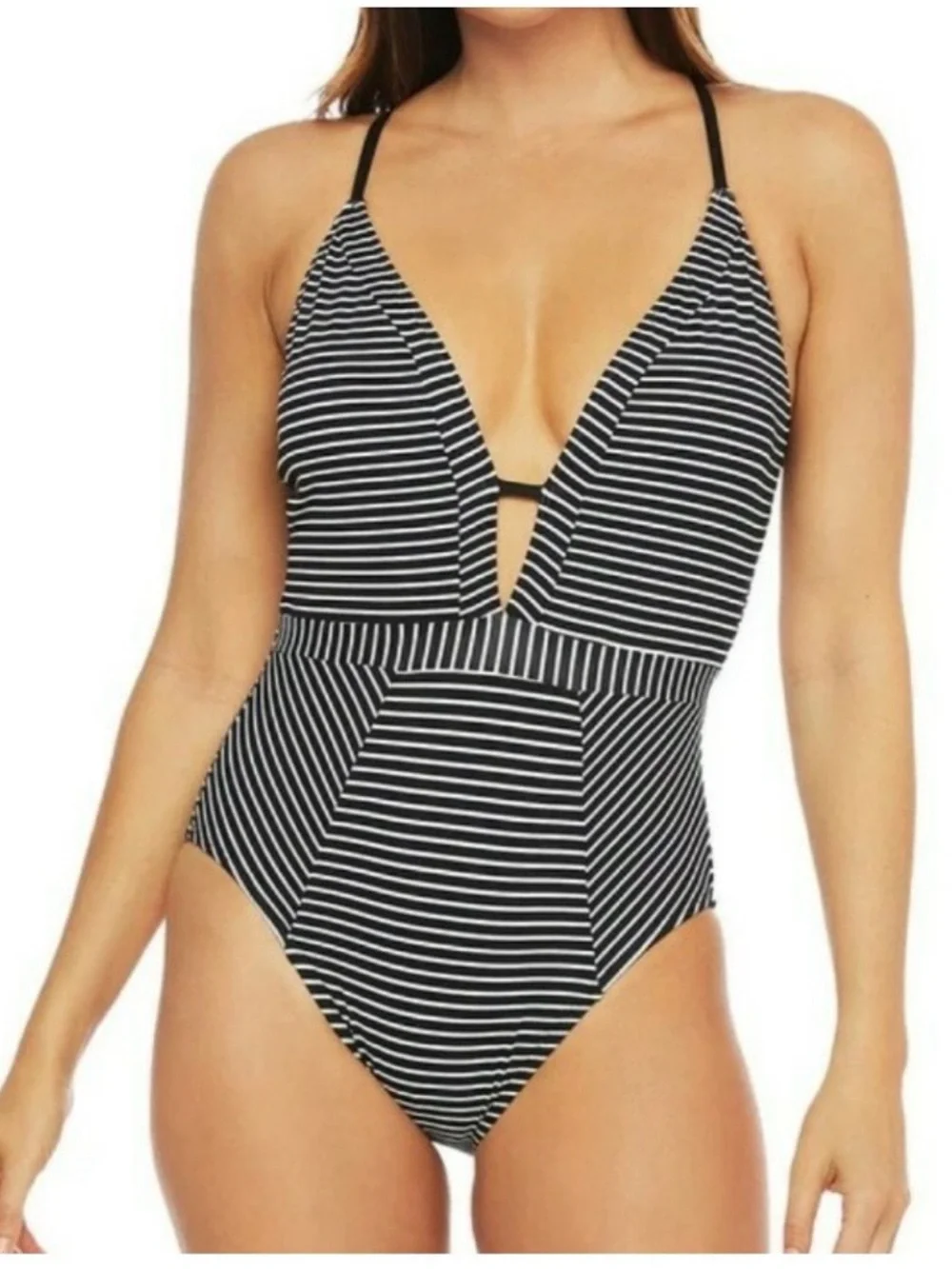 🆕 La Blanca V-Front Keyhole 1 Piece Pin Stripe Plunge V Neck Tie Closure. NWT